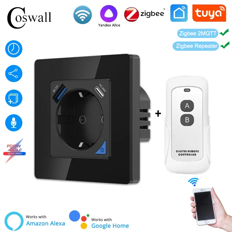 Smart Plug Zigbee 16A - Coswall Alice Glass Zigbee Tuya Smart