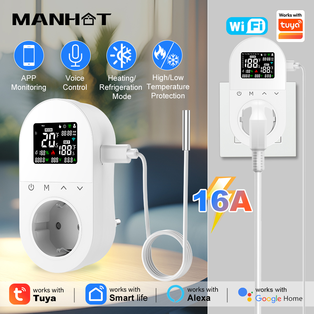 Smart Socket 16A Tuya App - MANHOT 16A WiFi Smart Plug-in Thermostat-Steckdose